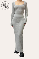 Front View of Soft Touch Stretch Rib Long Sleeve Grey Maxi Dress