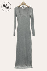 Soft Touch Stretch Rib Long Sleeve Maxi Dress in Grey