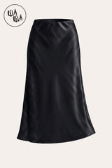 A professional flat lay of the Black slim straight satin maxi skirt, highlighting the luxurious fabric texture, classic monochrome aesthetic, and high-quality tailoring.