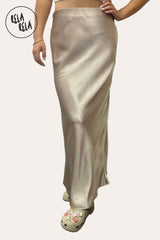 Front View of Champagne Satin Maxi Skirt with Slim Straight Cut
