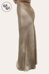 Side View of Champagne Satin Maxi Skirt with Slim Straight Cut