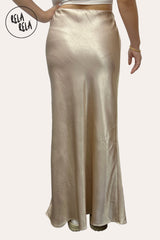 Back View of Champagne Satin Maxi Skirt with Slim Straight Cut