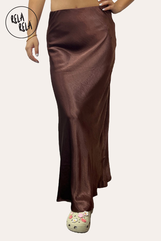 Satin Maxi Skirt with Slim Straight Cut in Chocolate