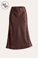 A professional flat lay of the Chocolate slim straight satin maxi skirt, highlighting the luxurious fabric texture, classic monochrome aesthetic, and high-quality tailoring.