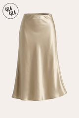 A professional flat lay of the Champagne slim straight satin maxi skirt, highlighting the luxurious fabric texture, classic monochrome aesthetic, and high-quality tailoring.