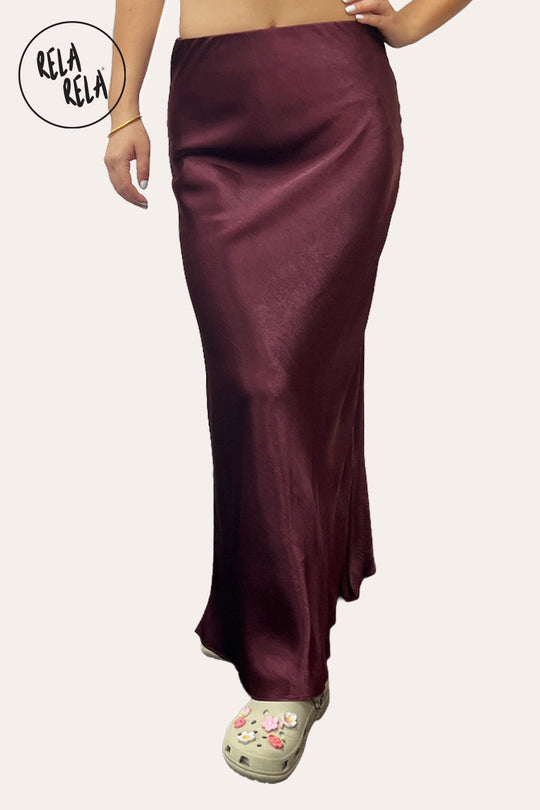 Satin Maxi Skirt with Slim Straight Cut in Plum