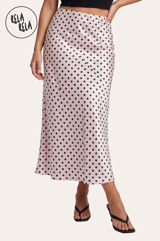 Satin Polka Dot Flowy Maxi Skirt in Pink