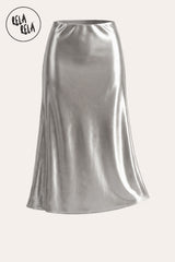 A professional flat lay of the Silver slim straight satin maxi skirt, highlighting the luxurious fabric texture, classic monochrome aesthetic, and high-quality tailoring.
