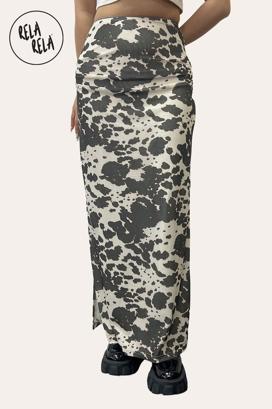 Animal Print Mesh Maxi Skirt in Cow Print