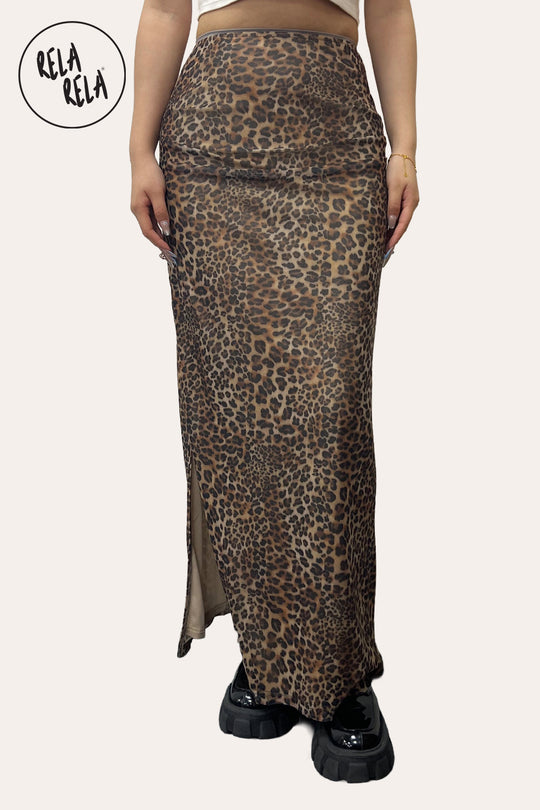 Animal Print Mesh Maxi Skirt in Leopard