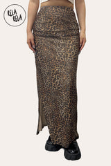 Front View of Animal Print Mesh Maxi Skirt in Leopard