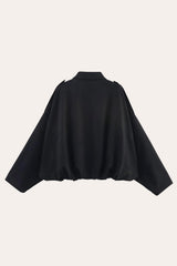Back View Black faux suede bomber jacket for women, smooth soft texture with zip-up front.