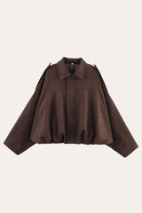 Front View of  brown faux suede bomber jacket with zip closure