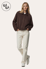 Front view of Model wearing in Brown Faux Suede Bomber Jacket for women with Zip Closure