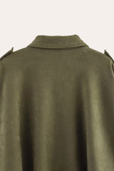 Back Collar Details of Faux Suede Bomber Jacket in Khaki