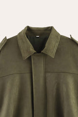 Collar Details of Faux Suede Bomber Jacket in Khaki