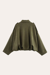 Back view of khaki faux suede jacket with ribbed hem, relaxed and flattering fit.