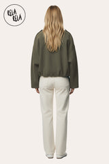 Back view of khaki faux suede jacket with ribbed hem, relaxed and flattering fit.