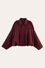 Front View of Ladies Faux Suede Zip Up Bomber Jacket in Burgundy