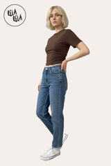Side view of Chocolate Fitted Top with Cinched Waist and Short Sleeves