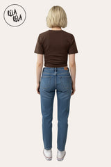 Back view of Short Sleeve Chocolate Cinched Waist T-Shirt, Flattering Fit