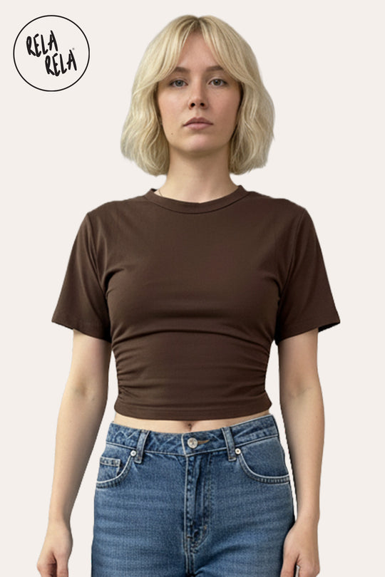Cinched Waist Short Sleeve Fitted T-Shirt in Chocolate