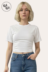 Front View of White Cinched Waist Short Sleeve T-Shirt for Women