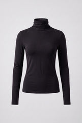 Flat product image of the black soft touch roll neck long sleeve top.