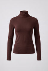 Flat product image of the chocolate brown soft touch roll neck long sleeve top.