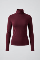 Flat product image of the burgundy soft touch roll neck long sleeve top.