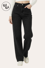 Front view of black sparkle rhinestone dad fit stretchy jeans