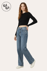 Side view of denim blue rhinestone embellished dad fit jeans