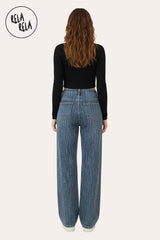 Back view of denim blue sparkle stretchy dad fit jeans with rhinestones