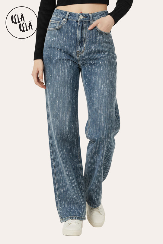 All-Over Sparkle Rhinestone Stretchy Dad Fit Jeans in Denim Blue