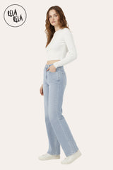 Side view of Stretchy light blue sparkle jeans with relaxed dad fit for casual style 