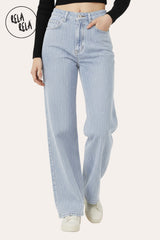 Front view of Light Blue Rhinestone Dad Fit Stretchy Jeans with all-over sparkle