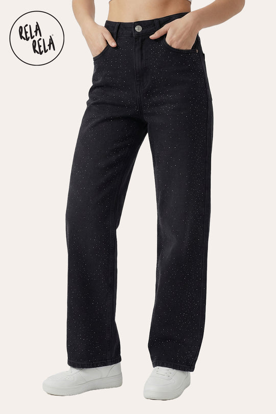 Viral Stretchy Dad Fit Jeans with All-Over Diamantes in Black