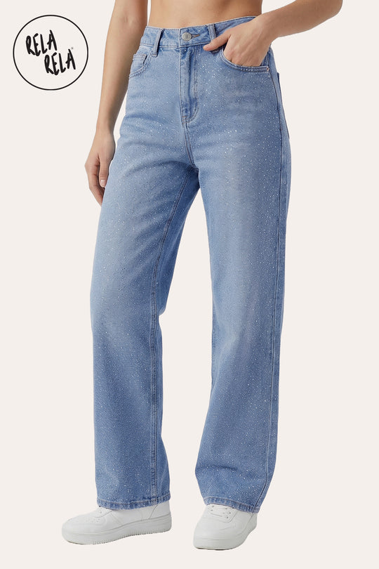 Viral Stretchy Dad Fit Jeans with All-Over Diamantes in Blue