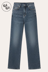 Viral Stretchy Dad Fit Jeans with All-Over Diamantes in Denim Blue