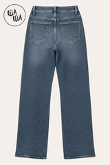 Viral Stretchy Dad Fit Jeans with All-Over Diamantes in Denim Blue