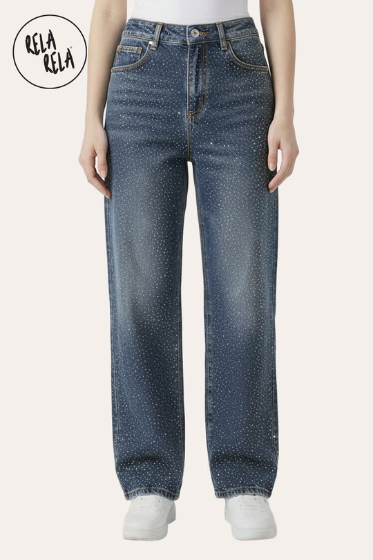 Viral Stretchy Dad Fit Jeans with All-Over Diamantes in Denim Blue