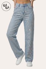 Front view of viral stretchy dad fit jeans featuring multi colour mermaid rhinestone detailing