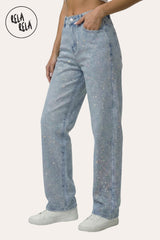 Model wearing limited edition viral stretchy dad fit jeans with multi colour mermaid rhinestones