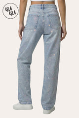 Back view of dad fit jeans with multi colour mermaid rhinestones and relaxed silhouette