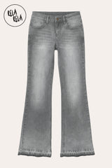 Flat lay of the viral stretchy bootcut flared jeans in Grey, showcasing the flap pocket detail and Y2K low-waisted fit on a petite model.