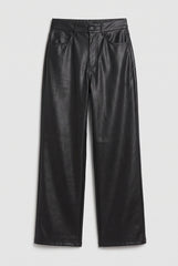 Flat lay of RELA RELA Black faux leather straight leg trousers, showing the high waist, button fastening, pockets and PU leather texture.