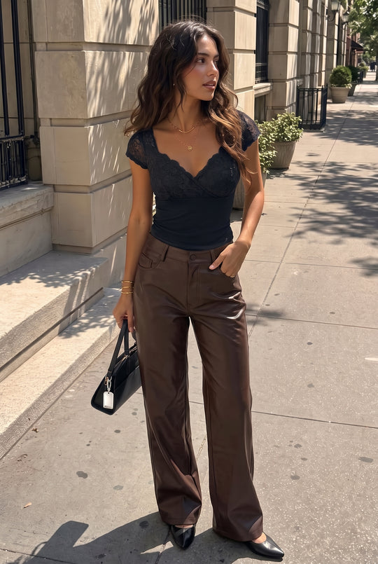 High Waist Faux Leather Straight Leg Trousers in Chocolate