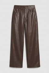 Flat lay of RELA RELA Chocolate faux leather straight leg trousers, showing the high waist, button fastening, pockets and PU leather texture.