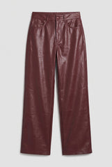 Flat lay of RELA RELA Burgundy faux leather straight leg trousers, showing the high waist, button fastening, pockets and PU leather texture.