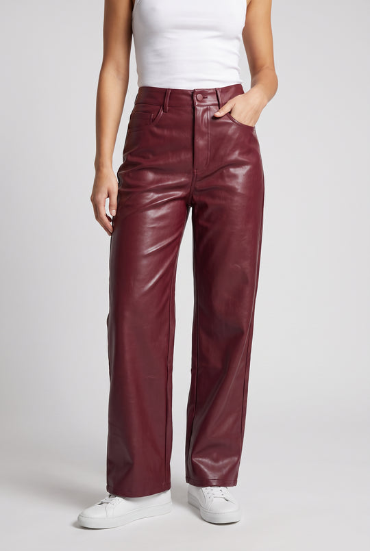 High Waist Faux Leather Straight Leg Trousers in Burgundy